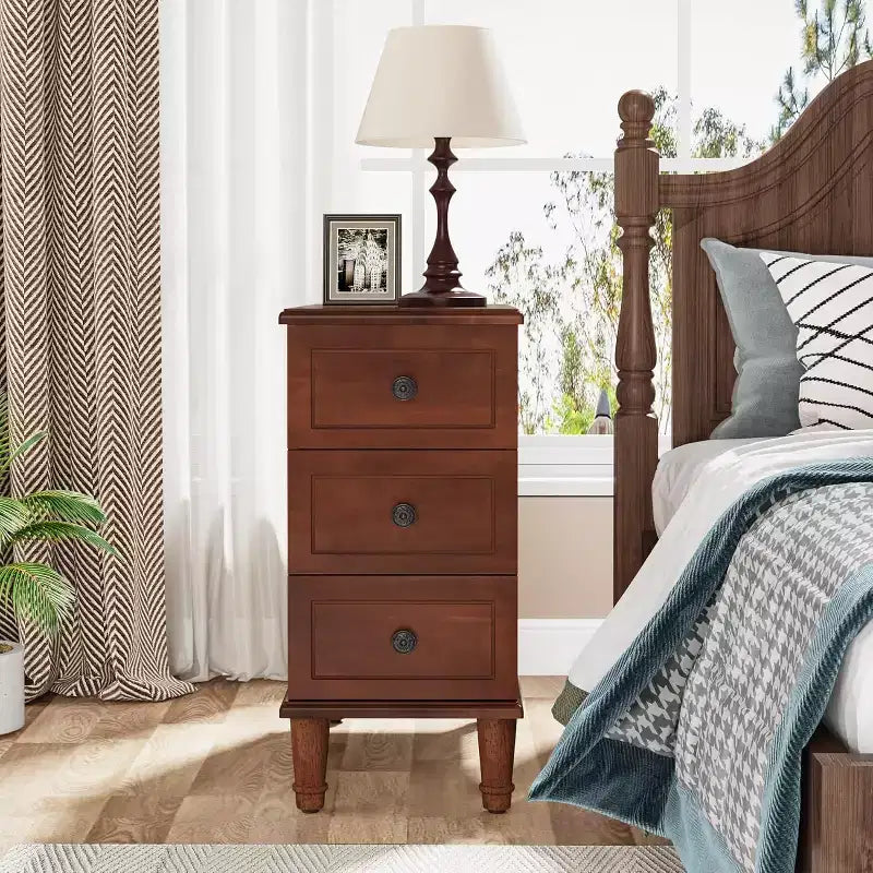 Table d'appoint Lantine Wood, Table d'appoint étroite entièrement assemblée avec tiroirs, Table de chevet fine pour petits espaces, Salon, Chambre à coucher, Marron
