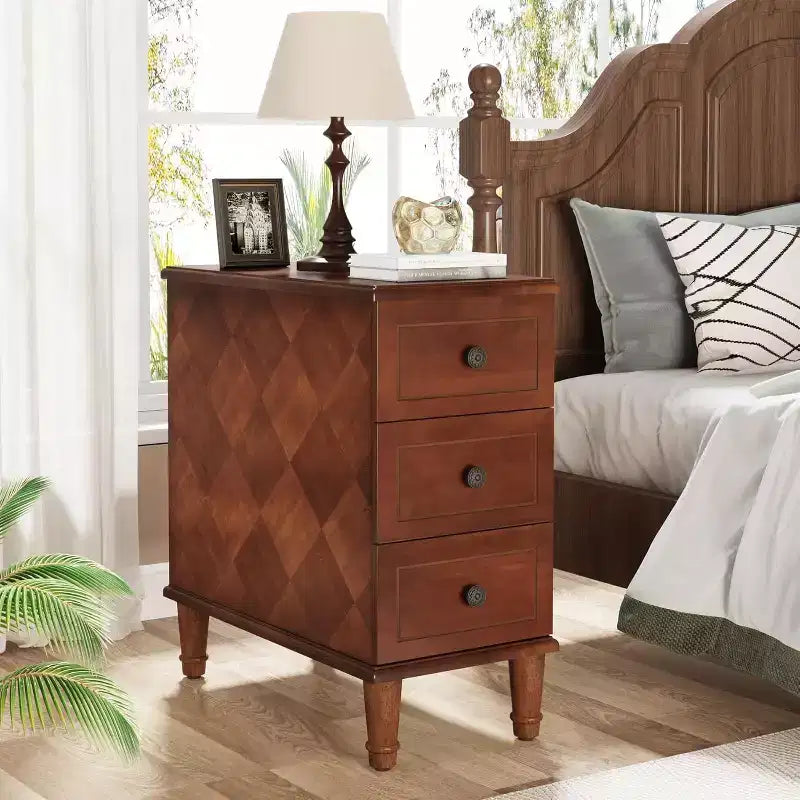 Table d'appoint Lantine Wood, Table d'appoint étroite entièrement assemblée avec tiroirs, Table de chevet fine pour petits espaces, Salon, Chambre à coucher, Marron