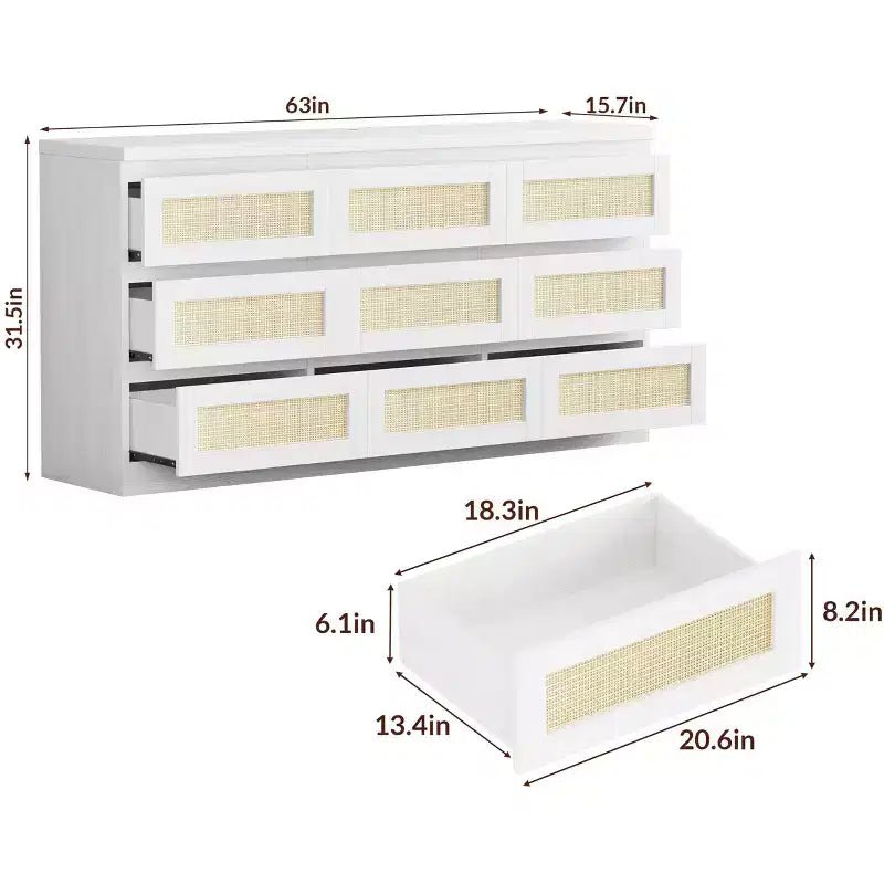 Commode 9 tiroirs en rotin avec station de recharge, commode de style rustique, grand organisateur de rangement pour chambre, salon, entrée