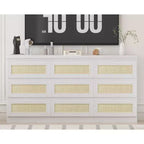 Commode 9 tiroirs en rotin avec station de recharge, commode de style rustique, grand organisateur de rangement pour chambre, salon, entrée