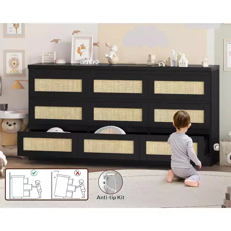 Commode 9 tiroirs en rotin avec station de recharge, commode de style rustique, grand organisateur de rangement pour chambre, salon, entrée