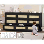 Commode 9 tiroirs en rotin avec station de recharge, commode de style rustique, grand organisateur de rangement pour chambre, salon, entrée