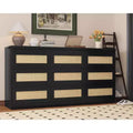 Rattan 9 Drawer Dresser with Charging Station, Farmhouse Chest of Drawers, Wide Closet Dresser Storage Organizer for Bedroom, Living Room, Entryway