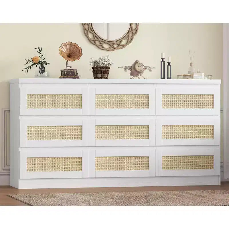 Commode 9 tiroirs en rotin avec station de recharge, commode de style rustique, grand organisateur de rangement pour chambre, salon, entrée