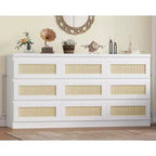 Commode 9 tiroirs en rotin avec station de recharge, commode de style rustique, grand organisateur de rangement pour chambre, salon, entrée