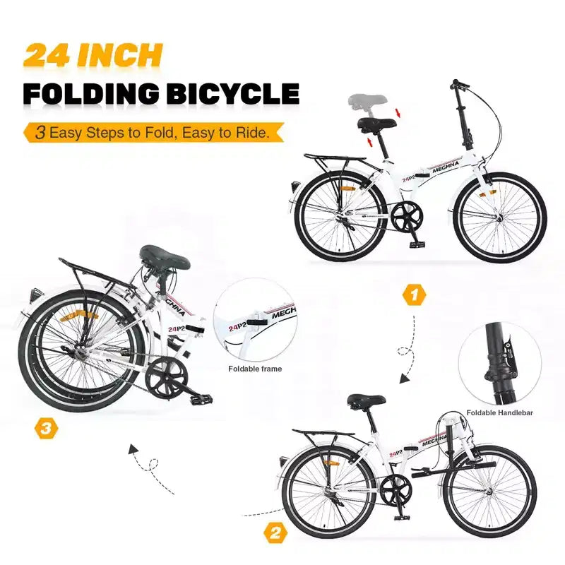 NAYSAYE Vélo pliant 24 pouces pour adultes avec garde-boue, cadre en acier, vitesse unique, vélo de ville, blanc clair, 63*22.83*45.6