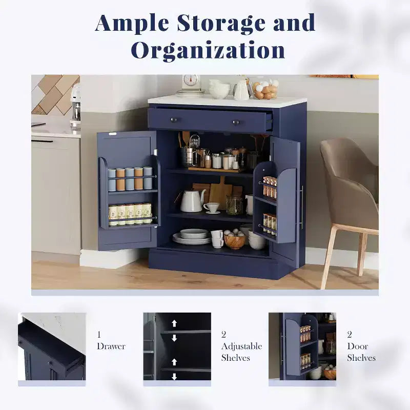 TUYOHW Armoire de cuisine autonome, buffet avec plateau en faux marbre, 2 étagères réglables, tiroir coulissant, buffet de rangement pour salle à manger