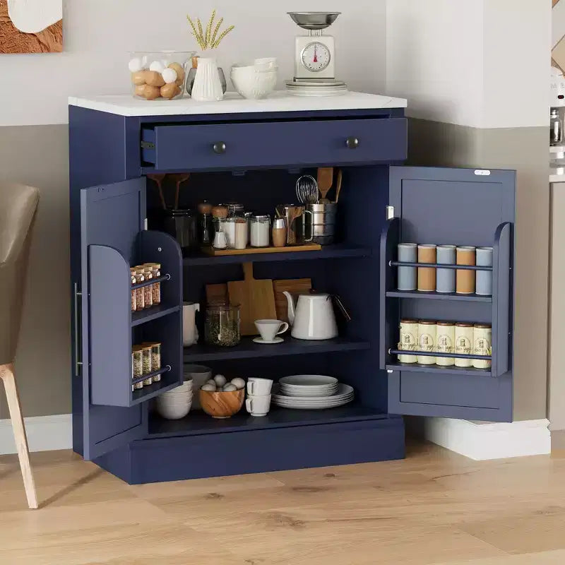 TUYOHW Armoire de cuisine autonome, buffet avec plateau en faux marbre, 2 étagères réglables, tiroir coulissant, buffet de rangement pour salle à manger