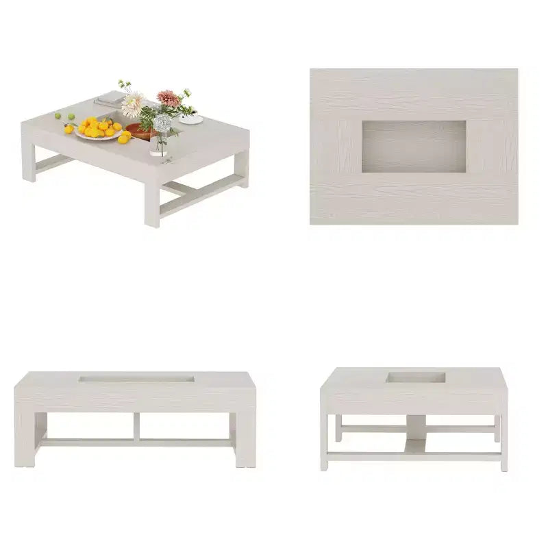 Table basse Famapy, grain de bois blanc, table d'appoint de canapé, capacité de charge de 176 lb, organisateur de rangement intégré, table basse rectangulaire/carrée