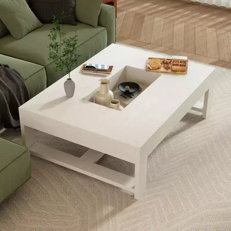 Table basse Famapy, grain de bois blanc, table d'appoint de canapé, capacité de charge de 176 lb, organisateur de rangement intégré, table basse rectangulaire/carrée