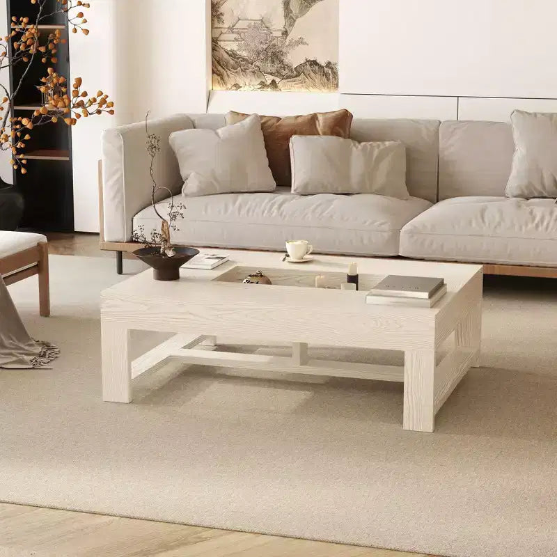Table basse Famapy, grain de bois blanc, table d'appoint de canapé, capacité de charge de 176 lb, organisateur de rangement intégré, table basse rectangulaire/carrée