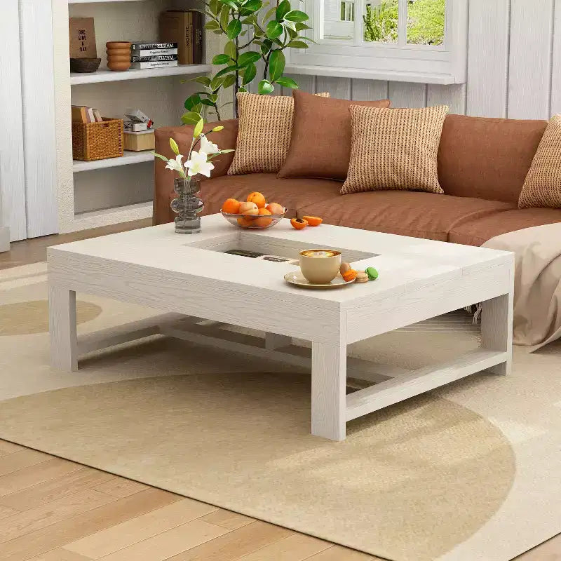 Table basse Famapy, grain de bois blanc, table d'appoint de canapé, capacité de charge de 176 lb, organisateur de rangement intégré, table basse rectangulaire/carrée