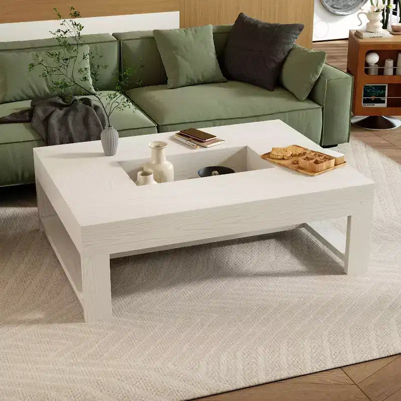 Table basse Famapy, grain de bois blanc, table d'appoint de canapé, capacité de charge de 176 lb, organisateur de rangement intégré, table basse rectangulaire/carrée