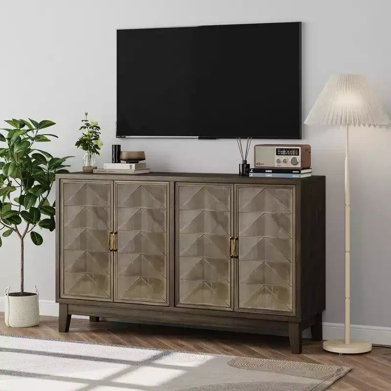 TUYOHW Buffet marron avec 4 portes, meuble d'appoint avec rangement, panneaux en bois massif, étagères réglables, console pour salle à manger, cuisine