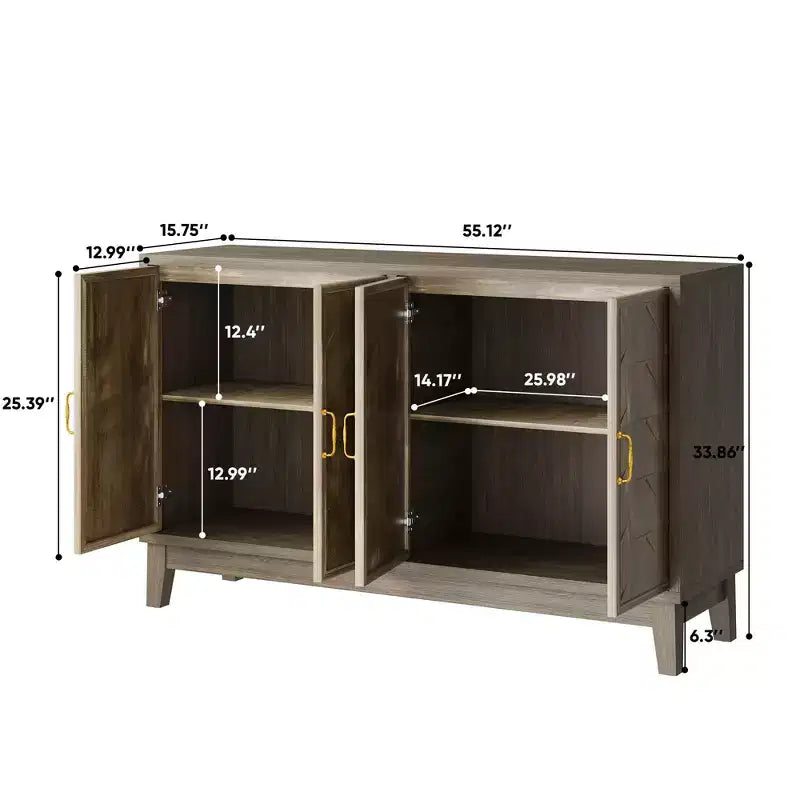 TUYOHW Buffet marron avec 4 portes, meuble d'appoint avec rangement, panneaux en bois massif, étagères réglables, console pour salle à manger, cuisine