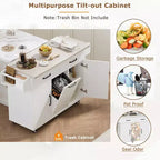 JVNOXK Chariot de cuisine îlot pliant multifonctionnel avec poubelle, placard de rangement et tiroirs, îlot roulant avec étagères réglables, blanc