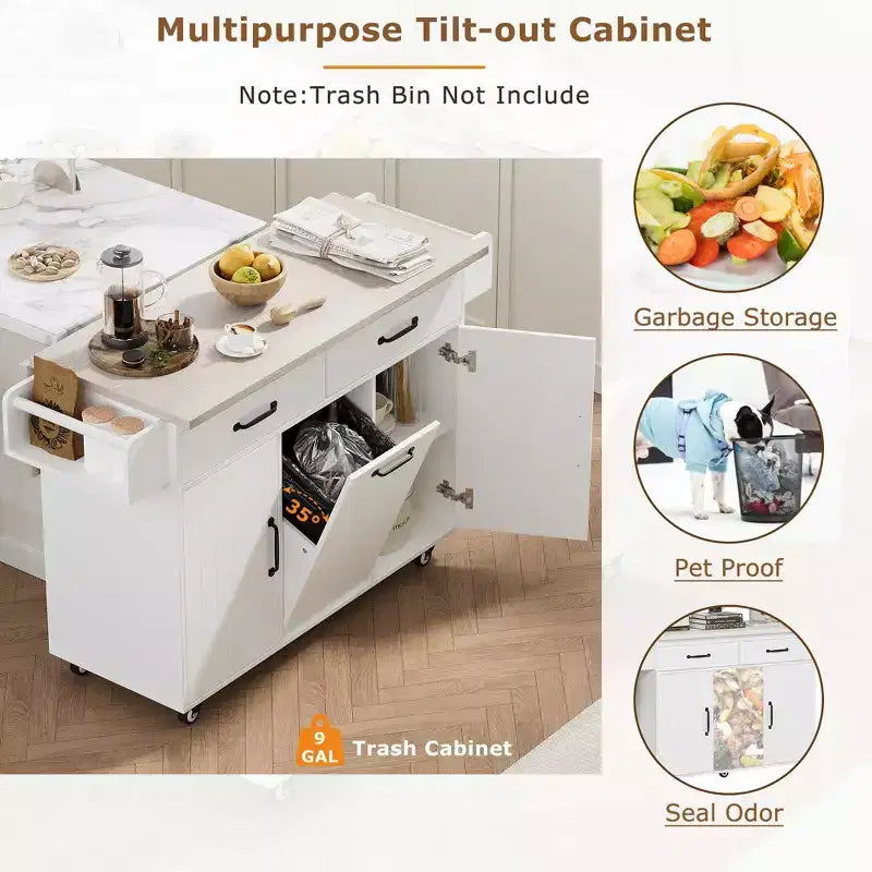 JVNOXK Chariot de cuisine îlot pliant multifonctionnel avec poubelle, placard de rangement et tiroirs, îlot roulant avec étagères réglables, blanc