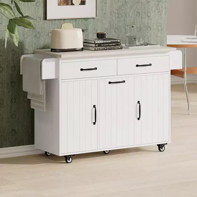JVNOXK Chariot de cuisine îlot pliant multifonctionnel avec poubelle, placard de rangement et tiroirs, îlot roulant avec étagères réglables, blanc