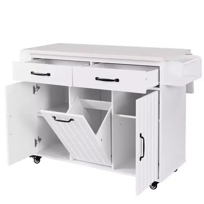 JVNOXK Chariot de cuisine îlot pliant multifonctionnel avec poubelle, placard de rangement et tiroirs, îlot roulant avec étagères réglables, blanc