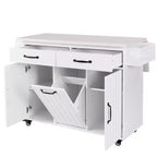 JVNOXK Chariot de cuisine îlot pliant multifonctionnel avec poubelle, placard de rangement et tiroirs, îlot roulant avec étagères réglables, blanc
