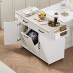 JVNOXK Chariot de cuisine îlot pliant multifonctionnel avec poubelle, placard de rangement et tiroirs, îlot roulant avec étagères réglables, blanc