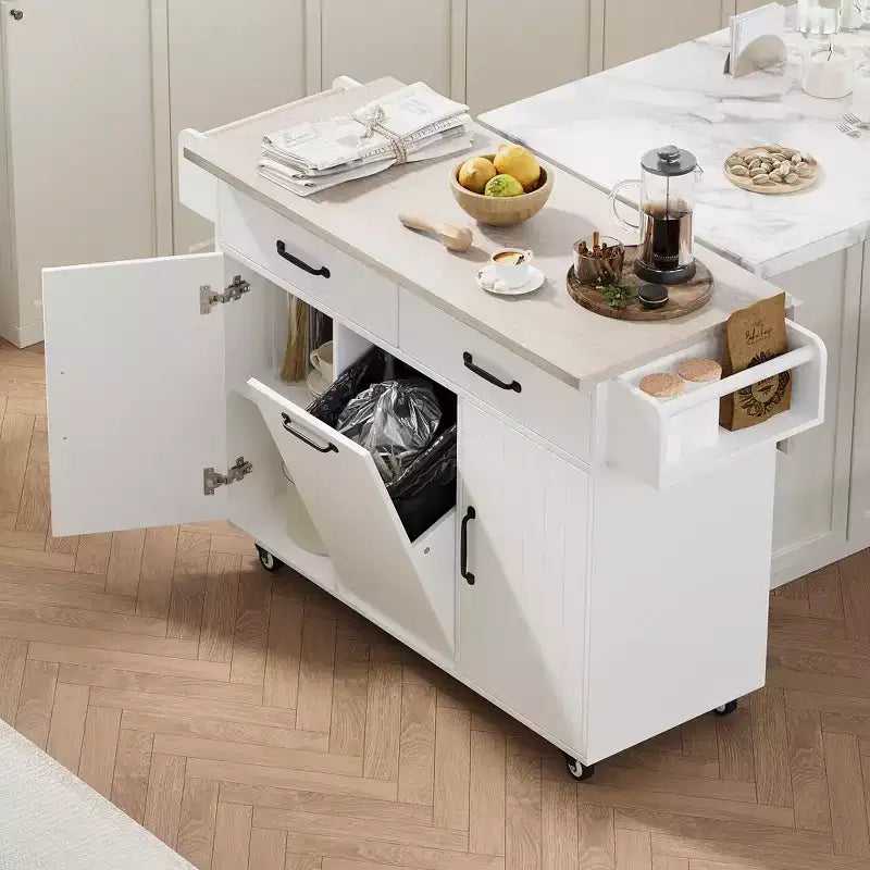 JVNOXK Chariot de cuisine îlot pliant multifonctionnel avec poubelle, placard de rangement et tiroirs, îlot roulant avec étagères réglables, blanc