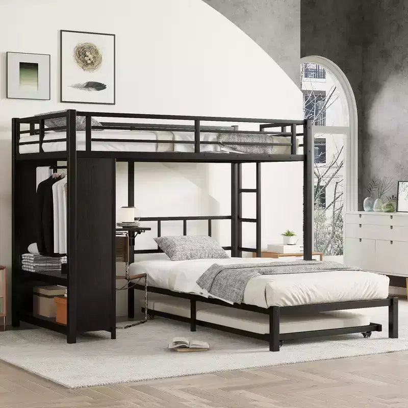 Bellemave Lit Superposé avec Lit Gigogne et Armoire Intégrée, Cadre de Lit Superposé en Métal avec Bureau Rabattable et Échelle, Conception Anti-Bruit, Noir