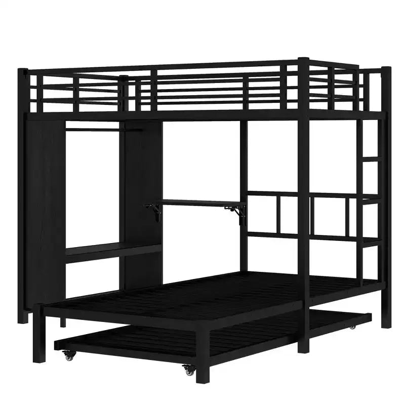 Bellemave Lit Superposé avec Lit Gigogne et Armoire Intégrée, Cadre de Lit Superposé en Métal avec Bureau Rabattable et Échelle, Conception Anti-Bruit, Noir