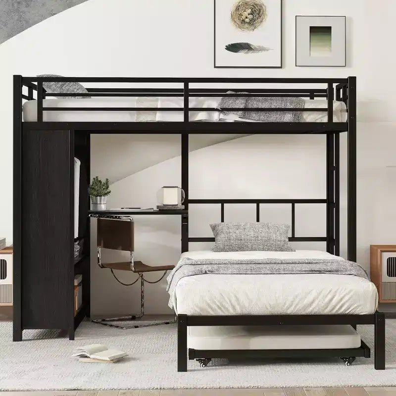 Bellemave Lit Superposé avec Lit Gigogne et Armoire Intégrée, Cadre de Lit Superposé en Métal avec Bureau Rabattable et Échelle, Conception Anti-Bruit, Noir