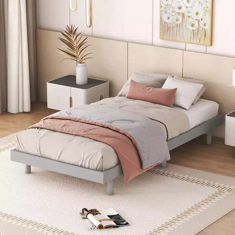 Lit plateforme Bellemave avec lattes épaissies connectées, cadre de lit plateforme flottant en bois massif sans tête de lit pour chambre à coucher