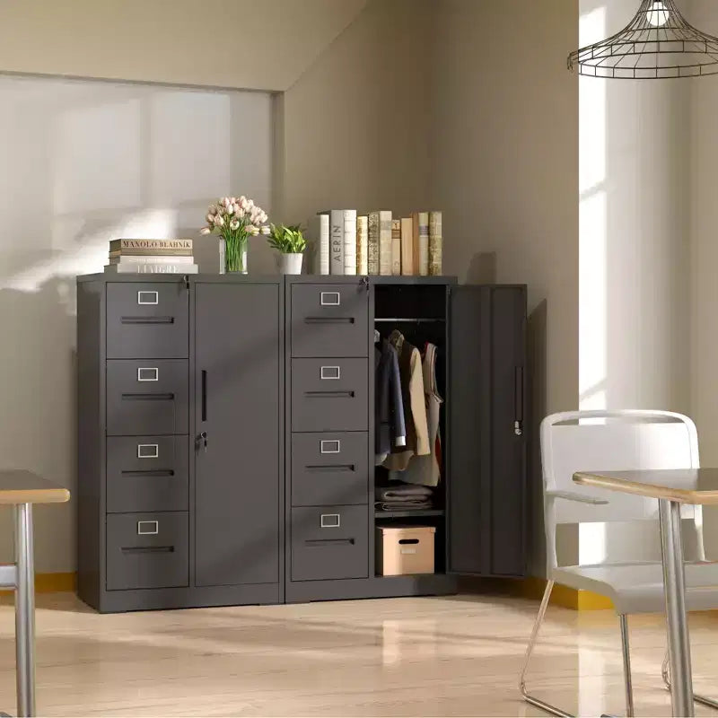 VIYET 52H Armoire de rangement verticale en métal à 4 tiroirs et 1 porte avec serrure, classeur en acier noir pour bureau à domicile/école/salon