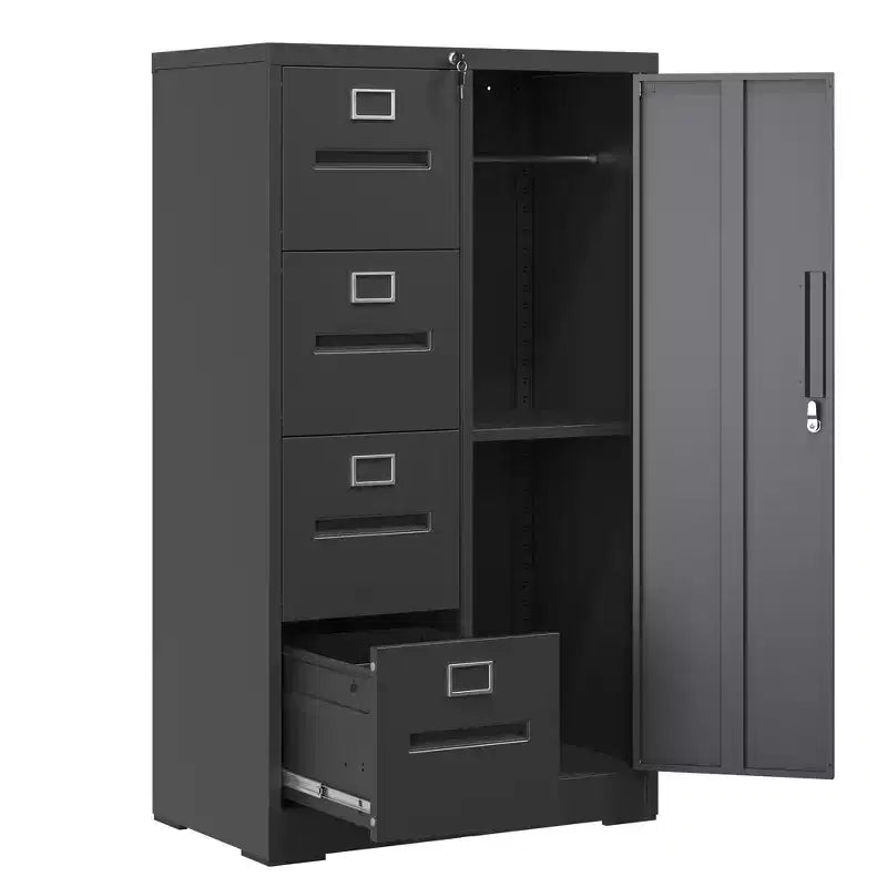 VIYET 52H Armoire de rangement verticale en métal à 4 tiroirs et 1 porte avec serrure, classeur en acier noir pour bureau à domicile/école/salon