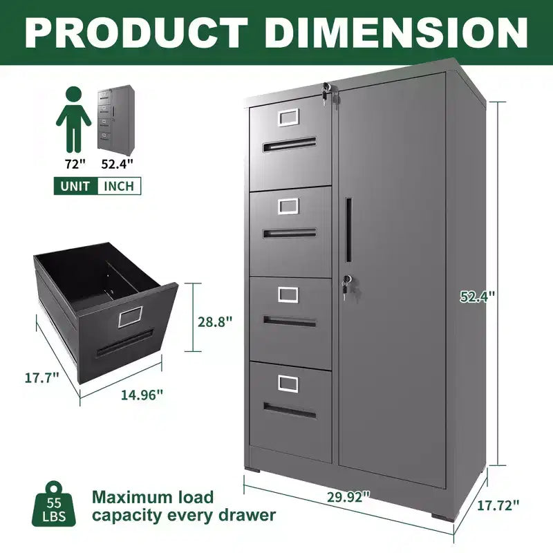 VIYET 52H Armoire de rangement verticale en métal à 4 tiroirs et 1 porte avec serrure, classeur en acier noir pour bureau à domicile/école/salon