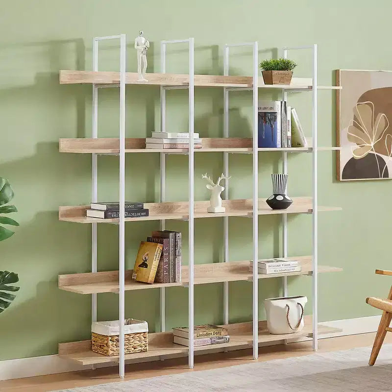 Bibliothèque à 5 niveaux, étagère ouverte pour bureau à domicile, étagère de style industriel vintage, panneau MDF, cadre en métal blanc