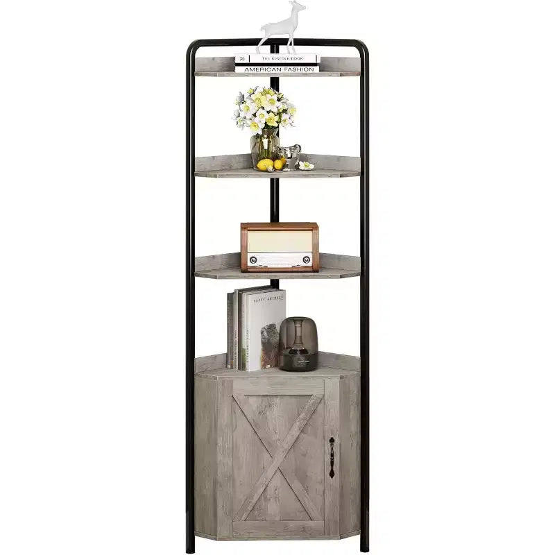 Corner Shelf, Bookcase, Standing Shelf, File Shelf, Wall Shelf, 3 Shelves and Storage Cabinet, MDF + Metal, Sonoma Grey, 60 x 42 x 180 cm