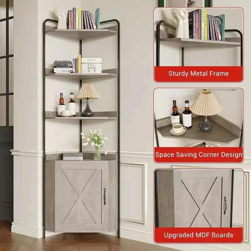 Étagère d'angle, Bibliothèque, Étagère sur pied, Étagère à dossiers, Étagère murale, 3 Étagères et meuble de rangement, MDF + Métal, Sonoma Gris, 60 x 42 x 180 cm