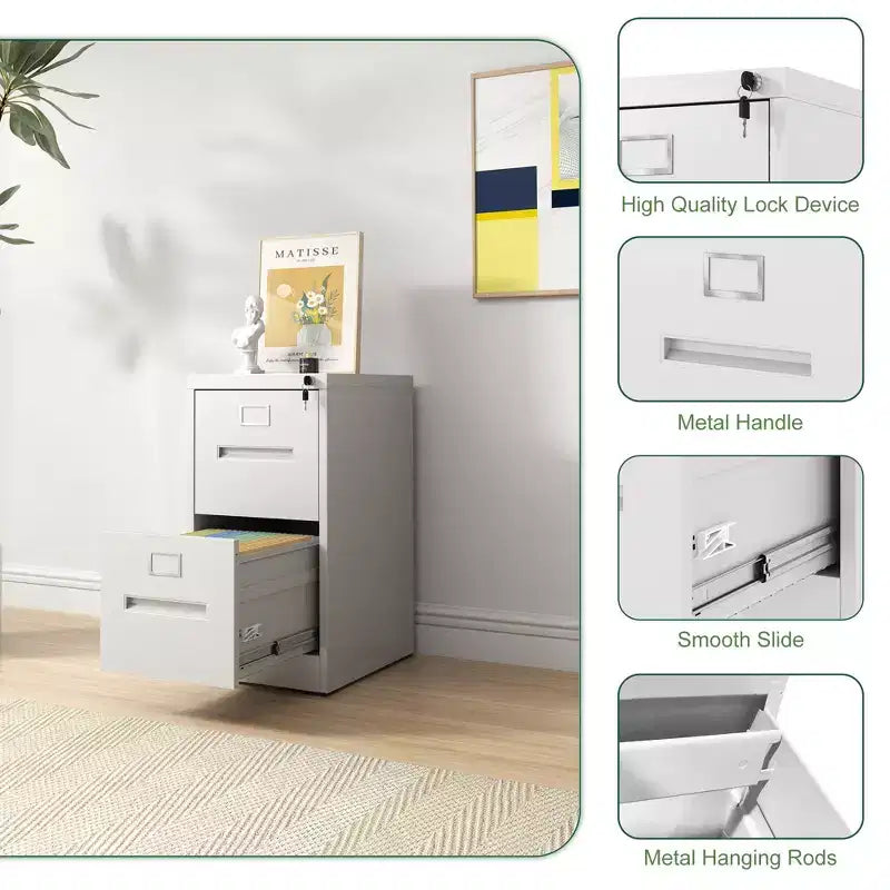 VIYET 28H Classeur vertical étroit en métal blanc à 2 tiroirs avec serrure, classeur en acier pour bureau à domicile (assemblage requis)