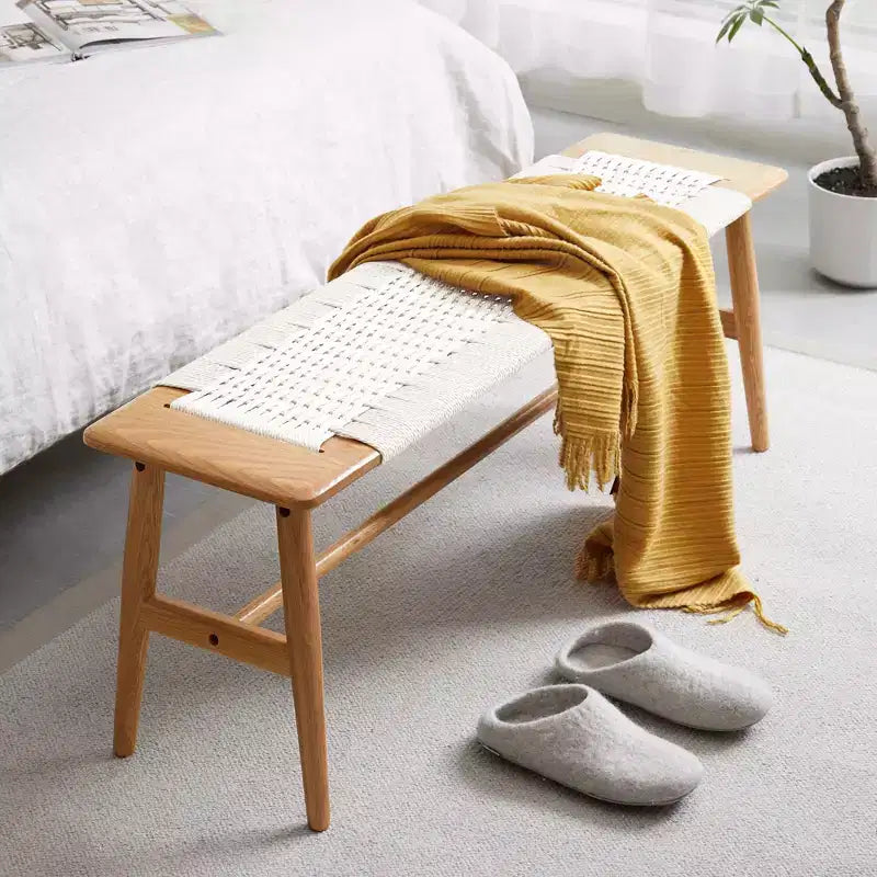 Banc MAYEERTY en chêne massif avec assise en cannage tissé main - pour salle à manger, chambre et entrée