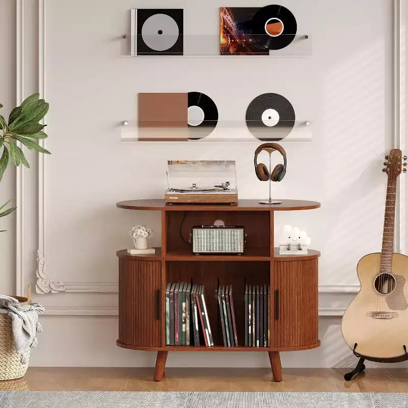 Record Player Stand with Storage and Charging Station, Large Round Vinyl Record Cabinet,Modern Turntable Stand for Living Room,Bedroom