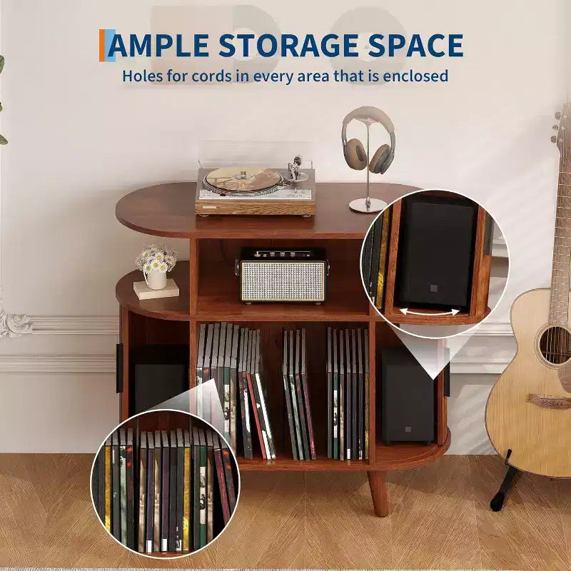 Meuble de lecture de disques avec rangement et station de charge, grand meuble pour disques vinyles rond, meuble de platine moderne pour salon, chambre à coucher