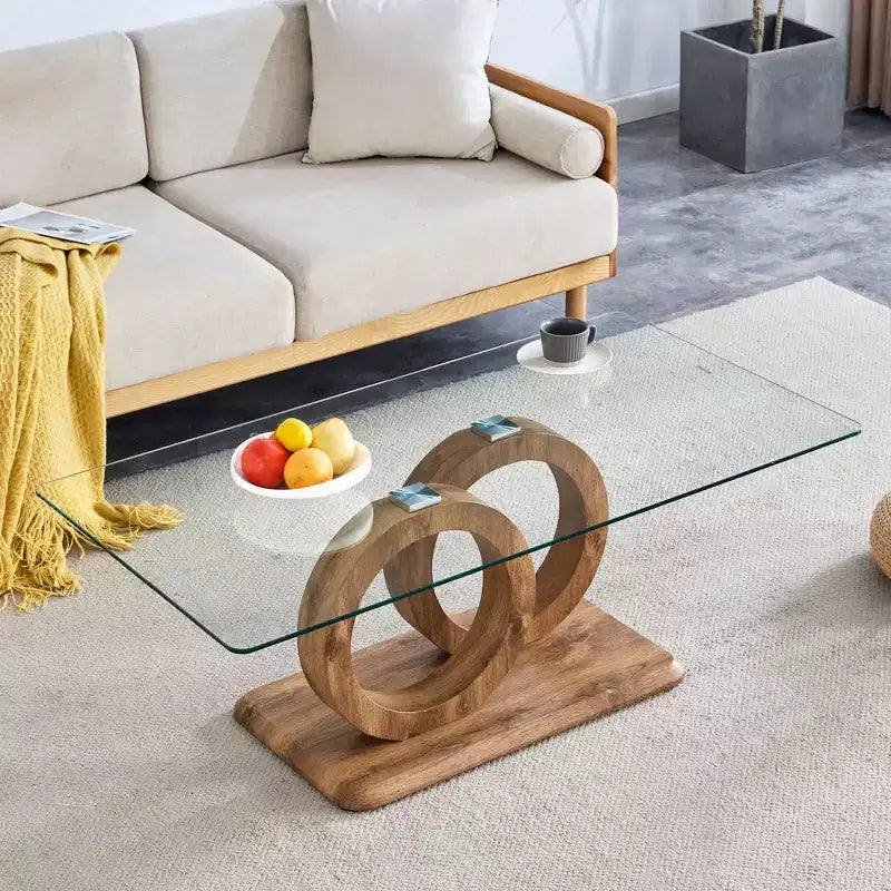 MAYEERTY Table Basse Ronde en Verre, Table Basse de Salon, Bois Naturel