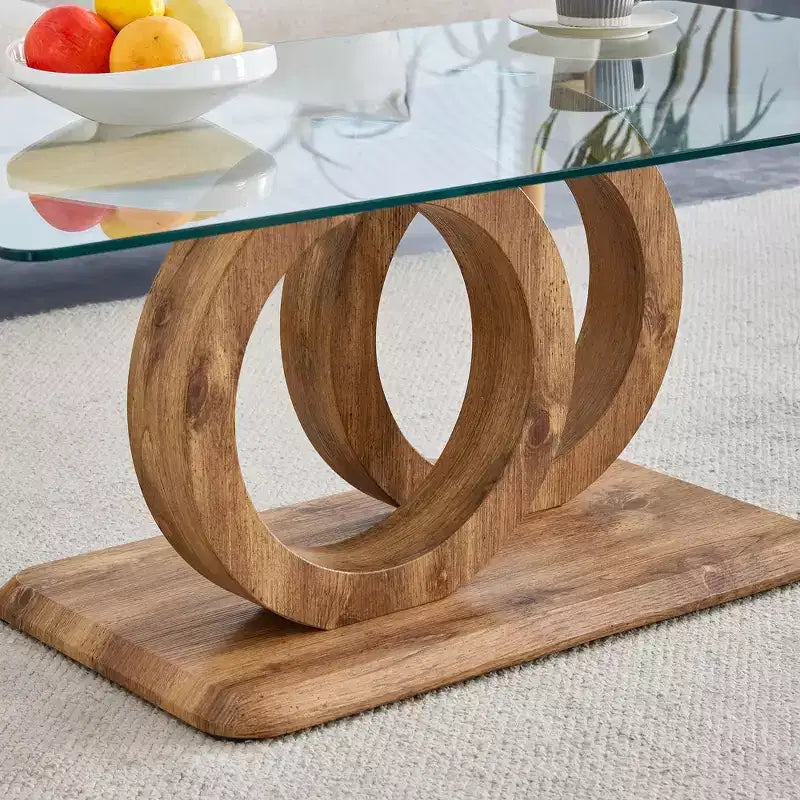 MAYEERTY Table Basse Ronde en Verre, Table Basse de Salon, Bois Naturel