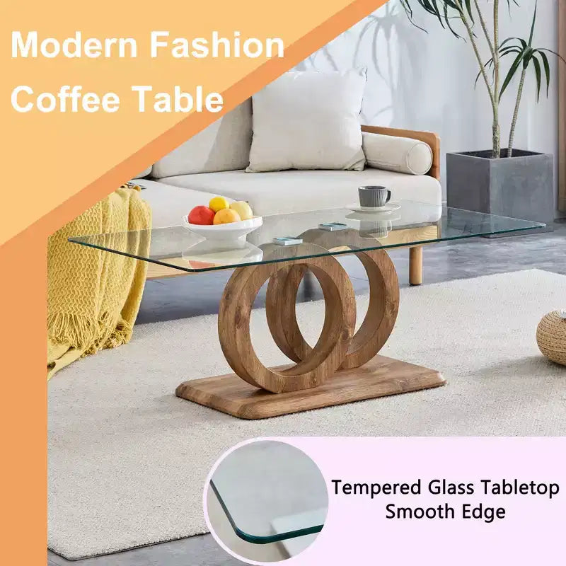 MAYEERTY Table Basse Ronde en Verre, Table Basse de Salon, Bois Naturel