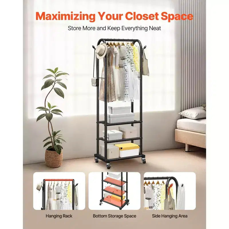 Portant à vêtements roulant avec étagères, Robuste tringle à vêtements sur roulettes, 180 cm de hauteur pour chambre à coucher