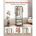 Portant à vêtements roulant avec étagères, Robuste tringle à vêtements sur roulettes, 180 cm de hauteur pour chambre à coucher