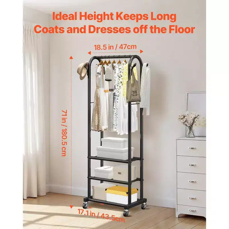 Portant à vêtements roulant avec étagères, Robuste tringle à vêtements sur roulettes, 180 cm de hauteur pour chambre à coucher