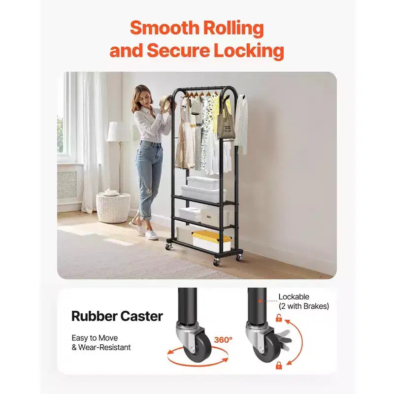 Portant à vêtements roulant avec étagères, Robuste tringle à vêtements sur roulettes, 180 cm de hauteur pour chambre à coucher