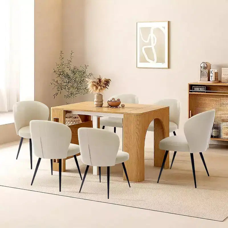 Dining Chairs Set of 6, Leather Ergonomic Upholstered Kitchen Chairs with Steel Legs, High Backrest Modern Chairs for Dining Room Kitchen, Beige