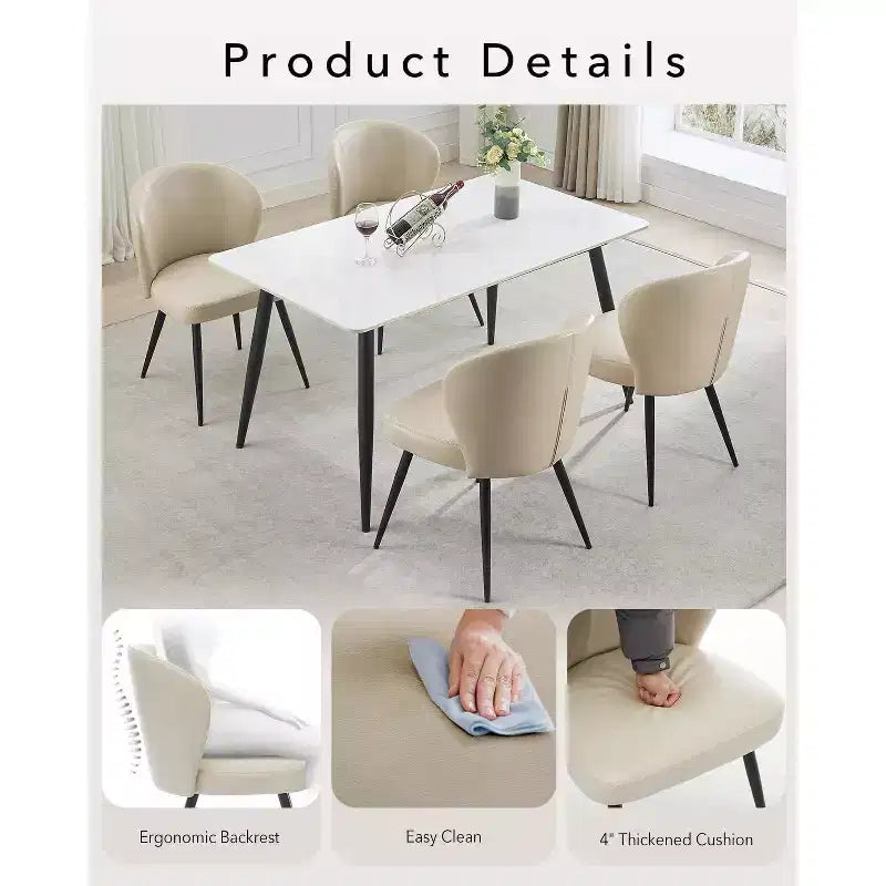 Lot de 6 chaises de salle à manger, chaises de cuisine ergonomiques rembourrées en cuir avec pieds en acier, chaises modernes à dossier haut pour salle à manger cuisine, beige