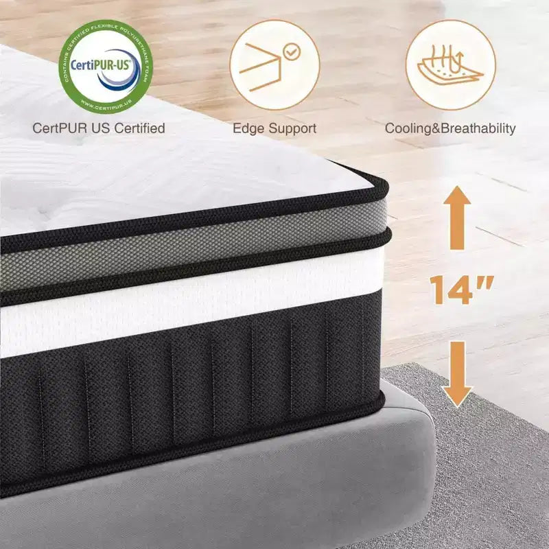 Matelas King 14 dans une boîte, ressorts hybrides, mousse à mémoire de forme, fermeté moyenne avec CertiPUR-US, antisensibilité, blanc